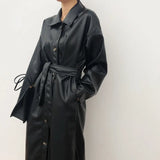 PU Leather Long Jacket 2021 New Spring Women Loose Belt Faux Leather Windbreaker Trench Coat Slim Spring