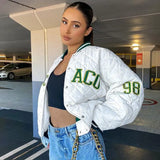 Women Argyle Letter Embroidery Down Jacket Quilted Coat Casual Streetwear Outerwear Lined Coat Padded Bomber Jackets