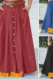 Maxi Skirts Fashion Women Elegant Button High Waist Midi Skirt Female Big Hem Casual Flare Pocket Button Long