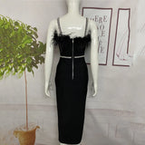 Beading Bandages Dress Women Black Feathers Elegant Clothing Celebrity Party Club Bodycon Midi