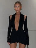 Black Deep V Neck Mini Dress For Women 2022 Summer Hollow Out Backless Full Sleeve Ruched Dresses Female