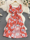 Women Irregular Printed Dress Vintage Square Collar Puff Short Sleeve High Waist A-Line Slim Vestidos Elegant New