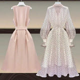Women Suit Long Vest Jacket Coat Top And Floral Print Chiffon Dress Two Piece Set Elegant Outfit Office Ladies