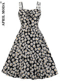 Front Daisy Floral Print Black Women Flare Casual Dresses Spaghetti Strap Summer Vacation Beach Casual Vintage Swing