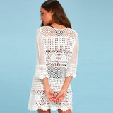 Queens Women Solid Three Quarter Flare Sleeve Beach Hollow Out Bohemian Mini Dress Ladies O-neck Boho
