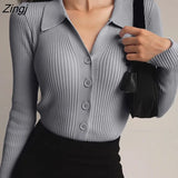 Women Sexy V Neck Turn-down Knitted Cardigan Sweater Chic Slim Solid Color Buttons Y2k Tops Autumn Winter Korean