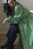 Spring Oversized Long Green Black Soft Pu Leather Trench Coat for Women Raglan Sleeve Belt Single Breasted Fashion