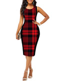 Fashion Vintage Polka Dot Plaid Print Splicing Bodycon Dress Sleeveless Office Elegant Sheath Evening Party Dresses