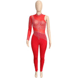 Sexy Black Crystal Diamond Skinny Long Pant Jumpsuit Women One Sleeve See Through Romper Clubwear Fitness