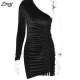 One Shoulder Long Sleeve Bodycon Party Dress For Women Diagonal Collar Ruched Solid Sexy Female Dresses Autumn New