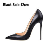 Matte Black Pumps Woman High Heels Shoes 12cm Stilettos PU Leather Wedding Pointed toe Shoes QKOU002