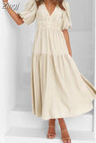 Women's Dress 2023 White Puff Sleeve A-line Deep V Neck Dress Sexy Beige Casual Long Vintage Elegant Black Midi