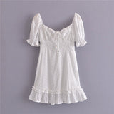 Queens Vintage Women White Hollow Out Square Collar Bohemian Mini Dress Ladies Short Sleeve Bodycon Sexy Boho