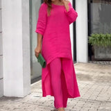 Loose Suits Casual Women Autumn 2 Piece Sets Fashion Long Sleeve O Neck Irregular Long Tops + Straight Pants Ladies
