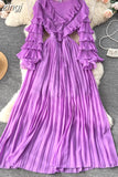 Winter Women Ruffle Pleated Long Dress Vintage Round Nec Puff Sleeve High Waist Draped Maxi Vestidos Green/Red/Purple