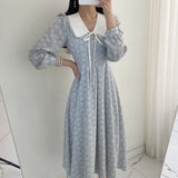 Style Women's Spring and Summer Shirt Dress Fashion Print Retro Bow Long Sleeve Party