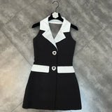 2022 Summer Sleeveless Turn Down Collar V Neck Black White Patchwork Rhinestone Buttons Backless Bow Short Dress