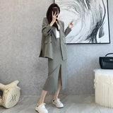 and Autumn Solid Color Skirt Suit Female Long-sleeved Double-breasted Blazer & High Waist Open Pencil Skirt Female