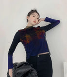 Designer Mesh Patchwork Long Sleeve Tees T Shirt Women Aesthetic Clothes Trendy Fashion High Neck Top Autumn