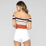 And Summer Explosion Of Women's Stripes Lace Bare Back Shoulder Leakage Collarbone Short T-Shirt Women's