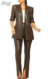 New PU Leather High-end Solid Suit Set Women Of Quality Office Lady 3/4 Sleeve Long Pants Slim Women 2 Piece