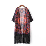 Boho Printed Fringed Half Sleeve LongChiffon Kimono Dress Plus Size Summer Beachwear Clothing Women Beach Cover Up