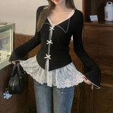 Aesthetic Lace Patchwork Bow Fake Two Piece TeeOutfit