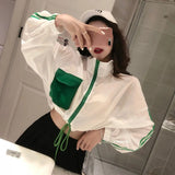 Spring Summer Women Casual Loose Pocket Color Contrast Batwing Sleeve Drawstring Zipper Short Coat