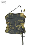 Summer New Design Print Suspender Top Women's Sexy Bodycon Crop Tops Camouflage Bandage Female Retro Off Shoulder