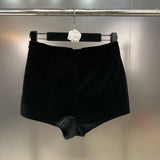 2022 Winter V Neck Rhinestone Buckle Knitted Short Jacket Velvet High Waist Shorts Two Piece Set Women Outfits
