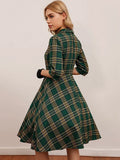 Turn-Down Collar Button Up Green Plaid Women Dresses Pin Up Vintage Robe Elegant Spring Clothes Retro 50s 60s Swing