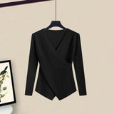 Winter 2 Piece Sets Women Long Sleeve Deep V-Neck Knitting Sweater And Irregular Mesh Patchwork Black Skirt Two Piece
