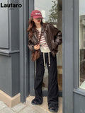 Spring Autumn Oversized Casual Waterproof Coffe Soft Pu Leather Jacket Women with Drop Shoulder Long Sleeve Fashion