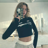 Style Short-Style Long-Sleeved T-Shirt Letter Printing Tight Body Thin Design Top Inside And Outside