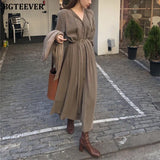 V-neck Single-breasted Female Long Dress 2020 Spring Elegant Long Sleeve Belted Women Dress Straight Loose