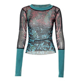 Women's Summer Y2K Vintage Sheer See-through Slim Tops Long Sleeve Round Neck Pattern Print Mesh Patchwork