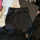 Black Mini Skirts Women Streetwear Belt A Line Skirt Y2K Summer Korean High Waist Slim Casual All Match Suit Skirts