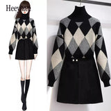 winter Warm 2 Pieces Sets Womens Outfits Korean Woolen Knitted Plaid Turtleneck Sweater And Black Skirts Suits Ropa