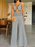 Piece Set With Pants Summer Elegant Solid Women Deep V Square Collar Sexy Short Top Wide Leg Pants Suit Office Lady