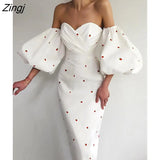 Strawberry Floral Print Short Puff Sleeve Dress Women Sexy Strapless Party Club Bodycon Dresses Ladies Pleated