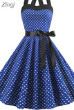 Women Polka Dot Print Summer Dress Sexy Retro White Halter Vintage Dress Robe Femme Pin Up Rockabilly Party