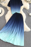 Women Pleated Two Piece Set Vintage Stand Collar Short Sleeve Draped Tops + High Waist Stretchy A-Line Skirt Suit