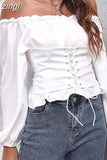 Long Sleeve White Shirt Casual Chiffon Blouse Sweet Front Tie Back Rubber Band Pleated Slash Neck Tops Elegant New