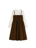 Vintage Patchwork Women Dress Female O-Neck Long Sleeve Fake Two Pieces Dress Elegant High Waist A-line Mid Long