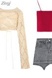 Pink Hollow Out Bandage Sweater Women Knitted Summer Long Sleeve Sunscreen Coats Y2k Loose Backless Crop Tops