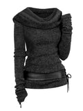 Cowl Front Lace Up Belted Sweater Spring Tops Tee For Women Solid Black Green Light Gray