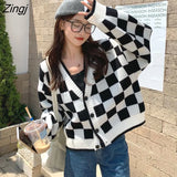 Fashion Harajuku Black and White Patchwork Cardigan Sweater Women Fall Long Sleeve Streetwear Tops Korean Y2k Sweater