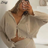 Autumn Ribbed Knit Zipper Women Hoodie Two Piece Set Khaki Long Sleeve Top Short Pant Female Slim Fashion Matching