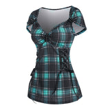 Plaid Sweetheart Tee Women T Shirt Cap Sleeve Tee Rivet Embellished Plaid Lace Up T Shirt For Student Summer Spring
