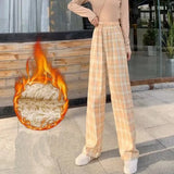 Fashion Winter Warm Plush Plaid Pants Women Casual Loose Wide Leg Trousers Korean Streetwear Straight Student Pants
